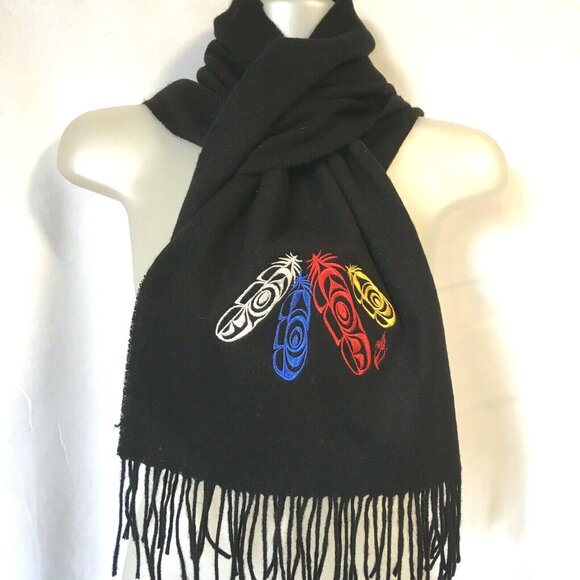 100% Wool Native Motifs Scarf Black 12" * 76" Embroidery Applique Long Fringe - Picture 1 of 5